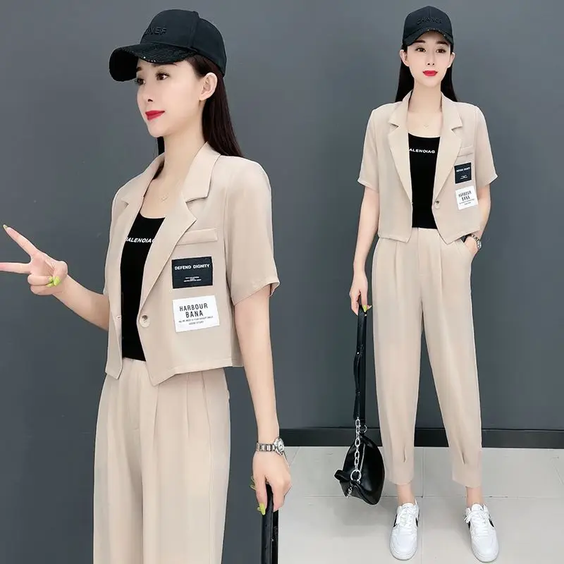 Korean Style Slim Fitting Short Sleeved Jacket Casual Cropped Pants Two-piece Elegant Women's Pants Set Office Outfits Clothes
