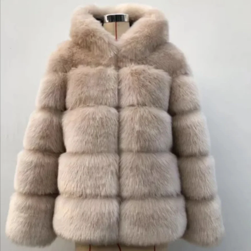 autumn and winter faux fur fox fur hooded women's coat    medium long women's fur coat