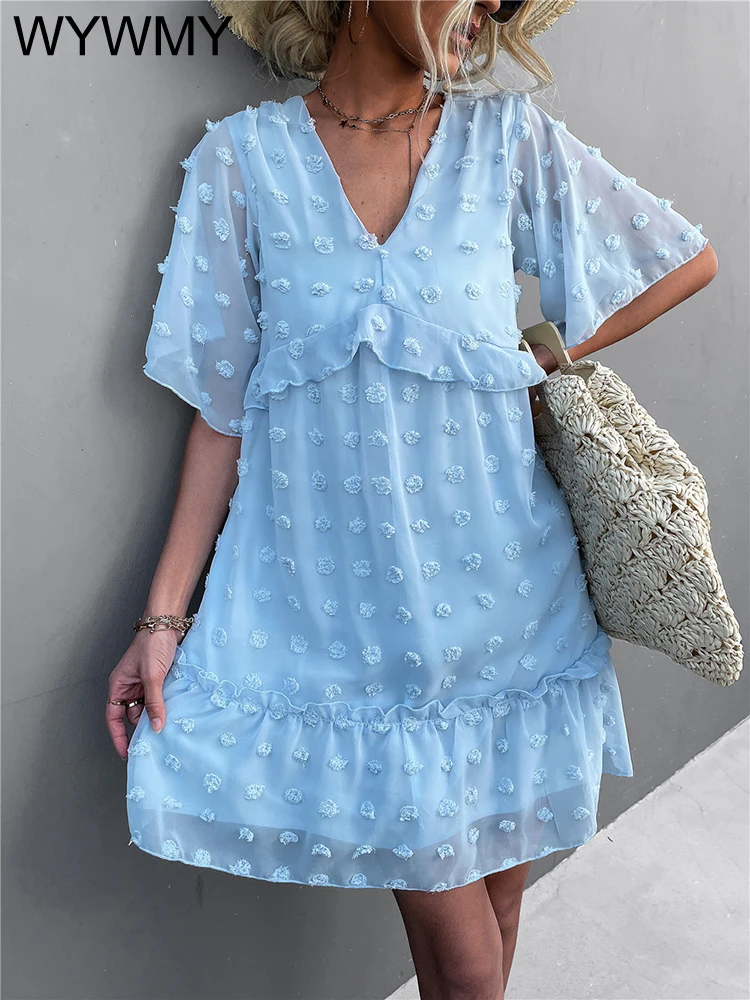 

Spring Summer Women Dress Sexy V-neck Casual Dress Three-dimensional Jacquard Flower Decorate Dress Female Loose A-line Dresses