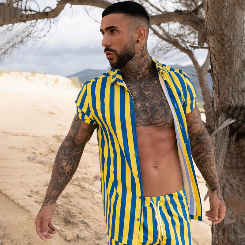 2022 summer new men's shirts 3D digital printing thin section quick-drying casual tops fashion striped beach casual wear