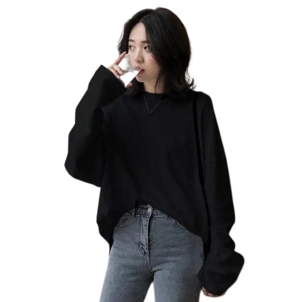 

Fashion Women Blouse Crew Neck Elastic Tee Shirt Spring Autumn Solid Color Loose Pullover T-shirt