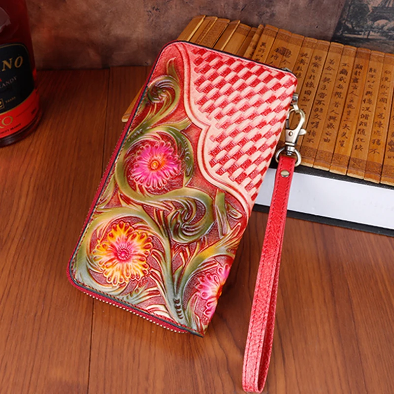 

Женский клатч из натуральной кожи, Дамский бумажник с цветочным принтом из натуральной воловьей кожи, Дамский Длинный кошелек в стиле ретро...