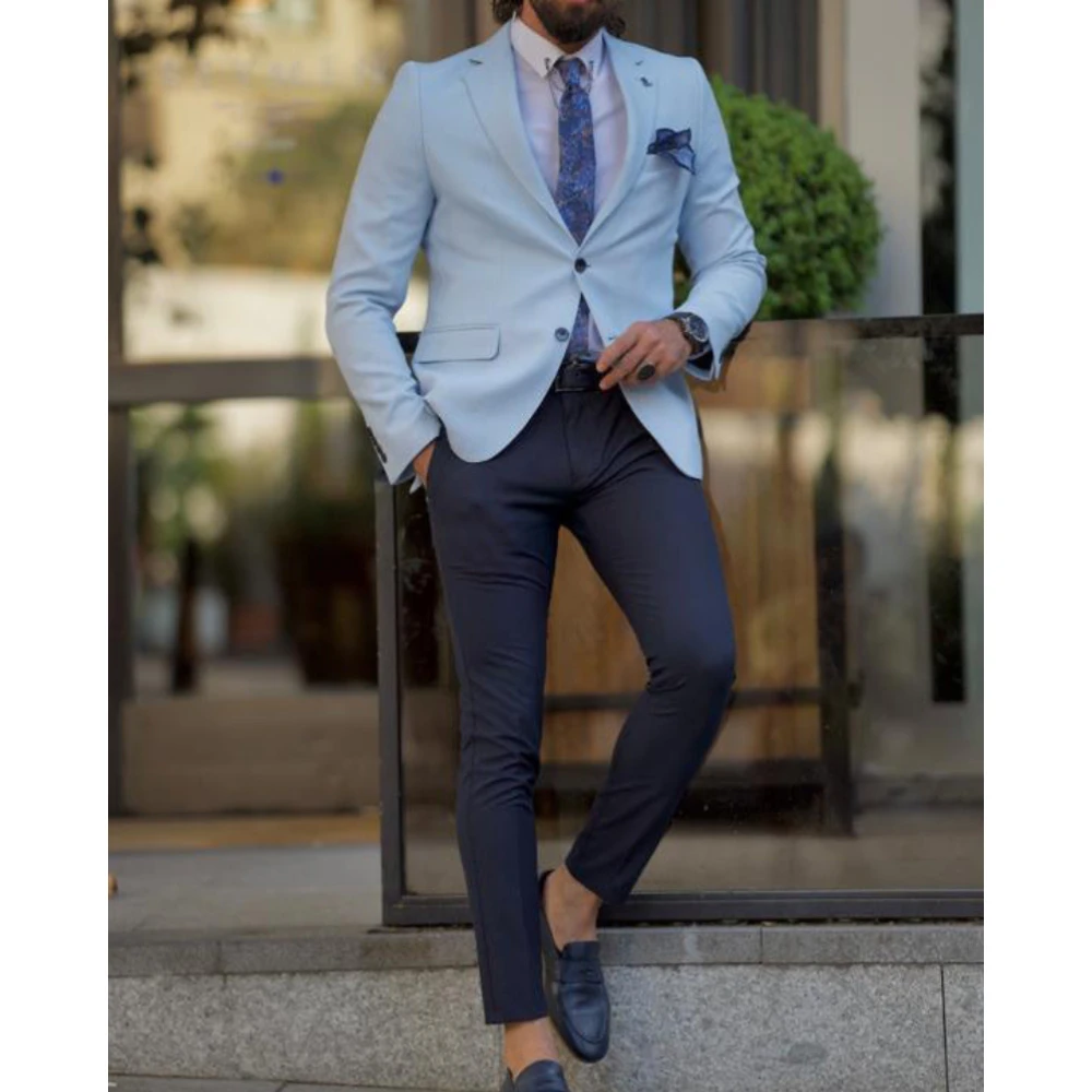 

Мужские костюмы небесно-голубого цвета, Свадебный блейзер для жениха, Официальный деловой офисный смокинг, модный цельный мужской пиджак в...