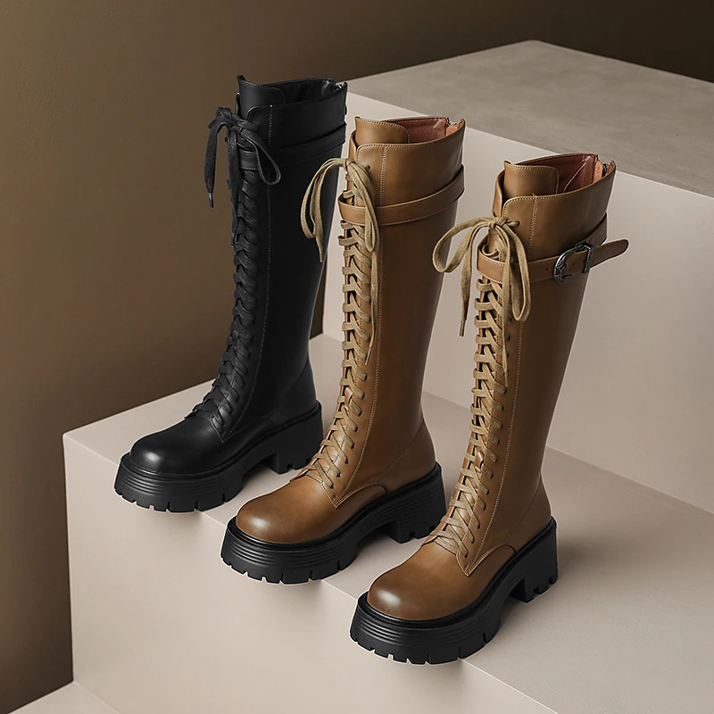 

2022 Autumn and winter Women knee-high boots natural leather 22-24.5CM cowhide modern boots Vintage back zipper platform boots