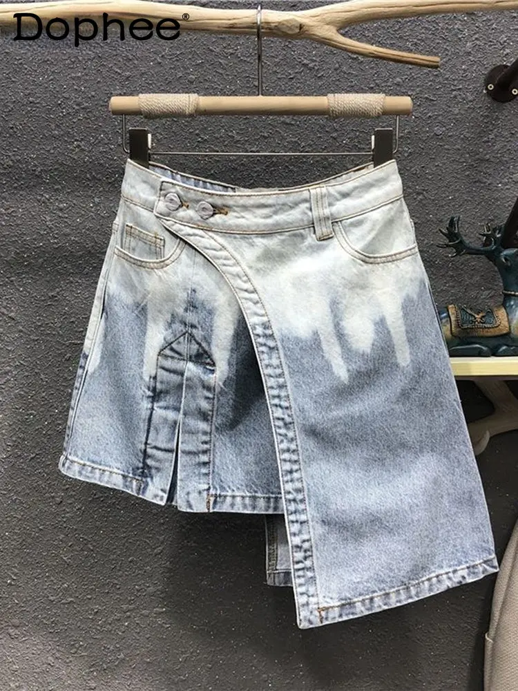 

Fashion Asymmetrical Tie Dye High Waist A-line Denim Dress Women Loose Irregular Side Slit Office Lady 2023 Spring