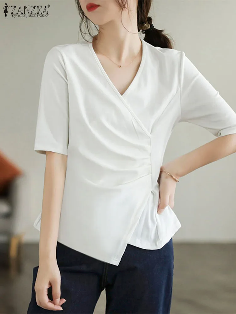 

ZANZEA Drapped Summer 2023 Blouses Casual Half Sleeve V Neck Office Lady Tops Elegant Solid Color Women Irregular Hem Shirts