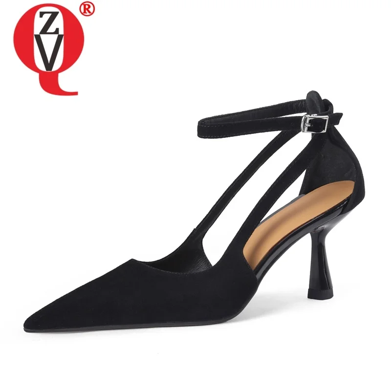 

ZVQ Woman Pointed Toe Sandals Sheep Suede Leather Upper High Heels Good Quality Drop Shipping Ankle Strap Buckle Shoes Ladies