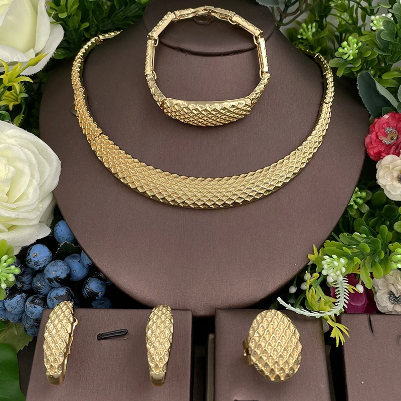 

Italian Women Jewelry Sets 18K Gold Plated Necklaces Earrings Ring Bracelet Set Jewelry Luxury Wedding Party Gifts Accessories
