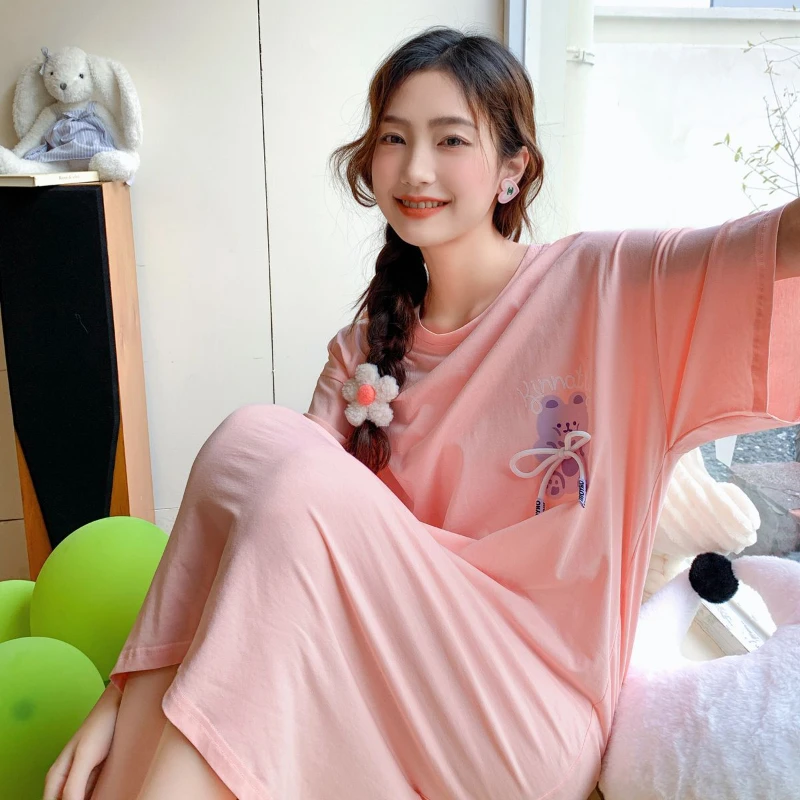 Pajamas for Women's Summer Cotton Cool Short-sleeved Nightdress Breathable and Casual Plus Size Home Service Can Be Worn Outside