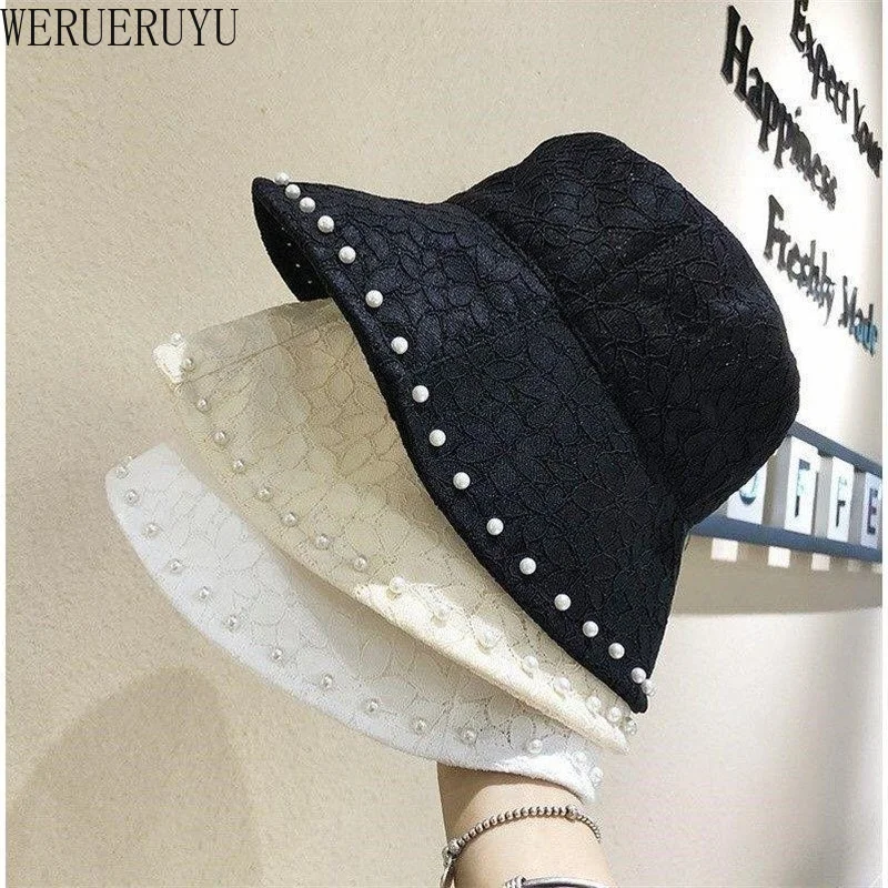 

Luxury Pearl Lace Flower Bucket Hat for Women Summer 2022 Korean Fashion Streetwear Caps Y2k Casual Beach Outing Black Sun Hats