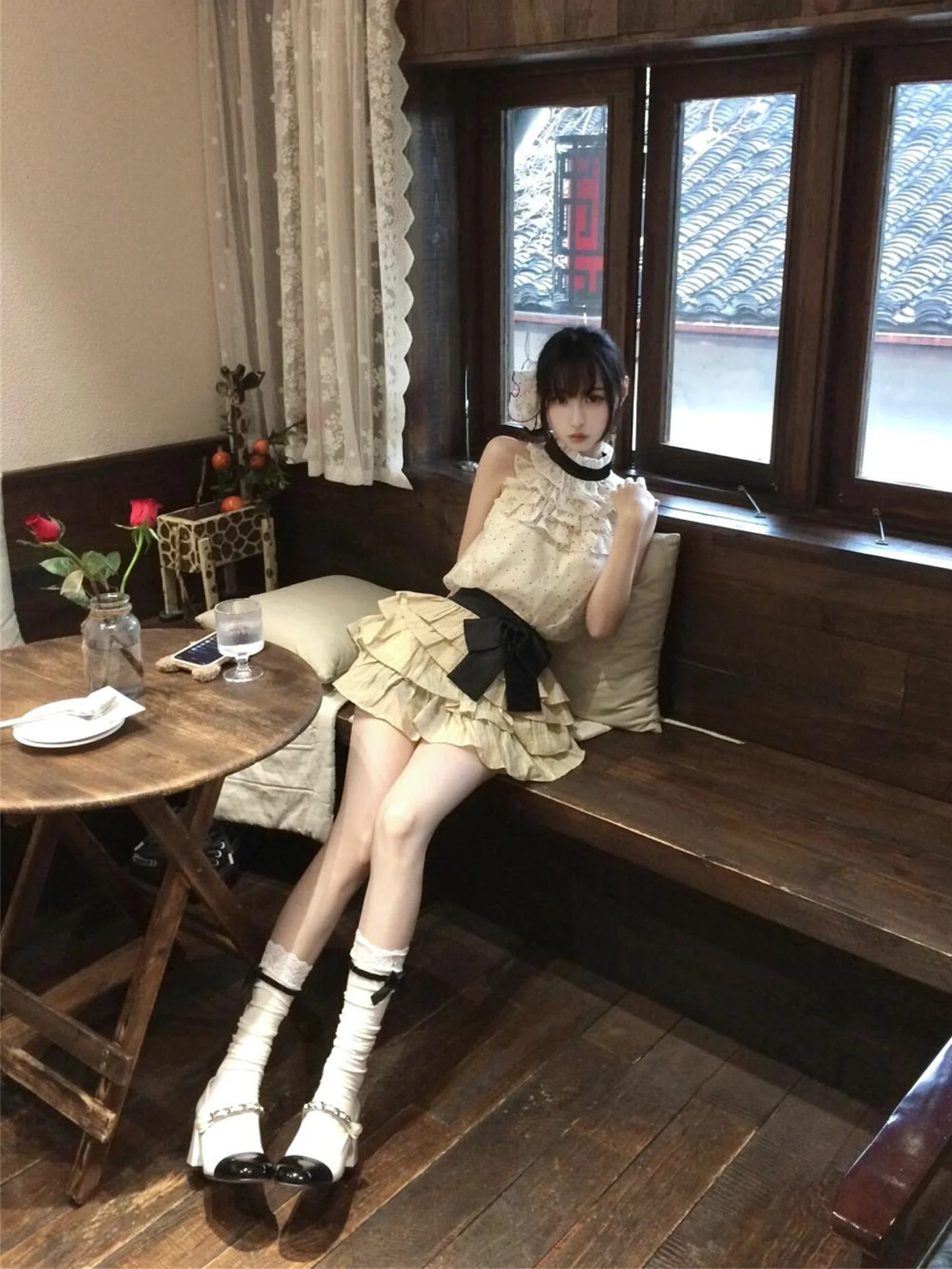 Uu Studio ванильный многослойный милый шифоновый топ в горошек без рукавов Женская