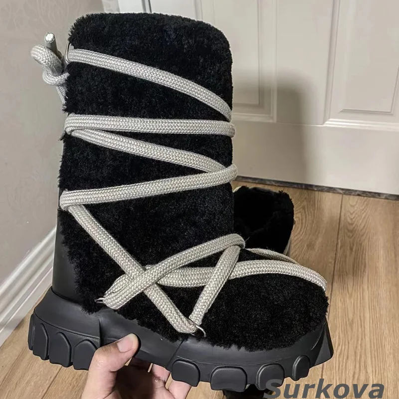 Women Casual Snow Boots Round Toe Flat Mid-Heel Warm Shoes Plush Cross Strap Thick Bottom Snow Boots Winter Fashion Retro Boots