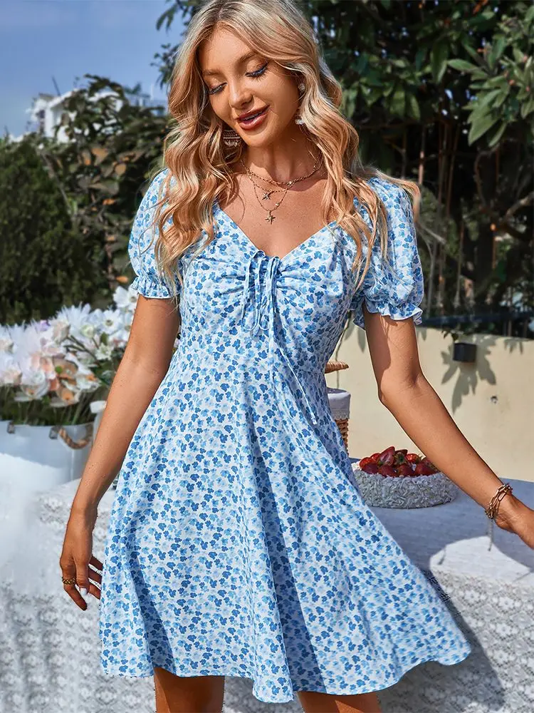 

Flower Print Mini Dress Women 2022 Summer Puff Sleeve V-Neck Boho Bohemian Beach Short Dress Ladies Holiday Casual Sundress