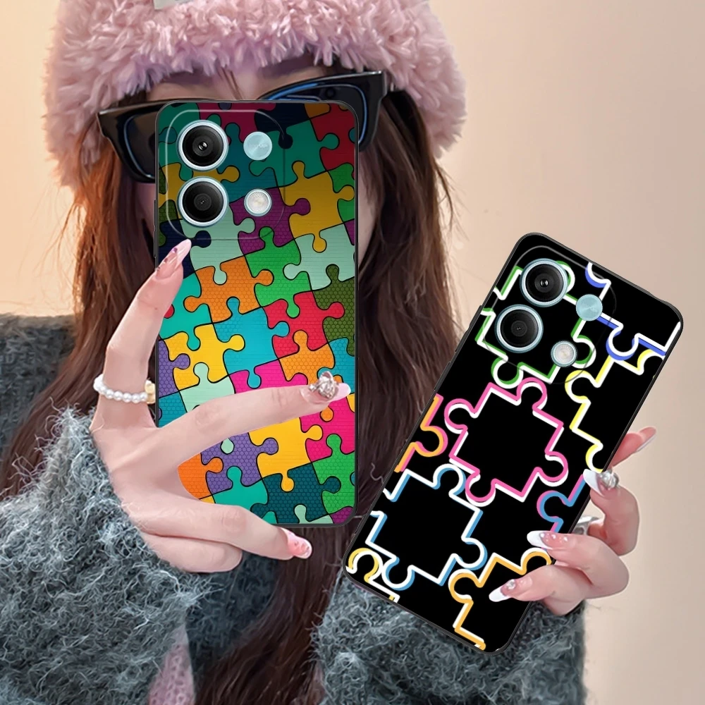 Puzzle Fashion Pretty Mobile Cell Phone Case for Xiaomi Redmi Note 13 12 11 10 9 8 7 6 S A Pro Lite Plus 5G Black Cover Shell