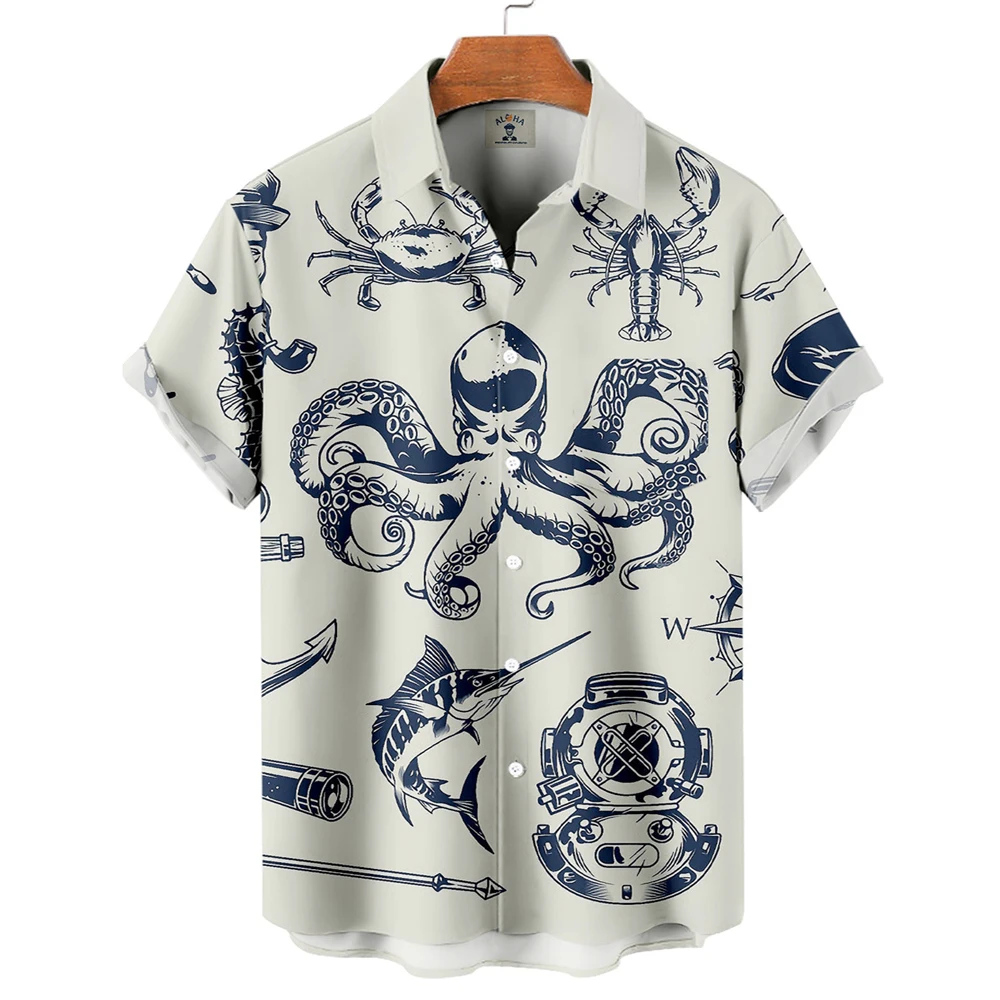 

Hawaiian Casual Lapel Shirt Summer Short Sleeve Men's Shirt Fun Octopus Print Everyday Collocation Fashion Harajuku Shirt Blouse