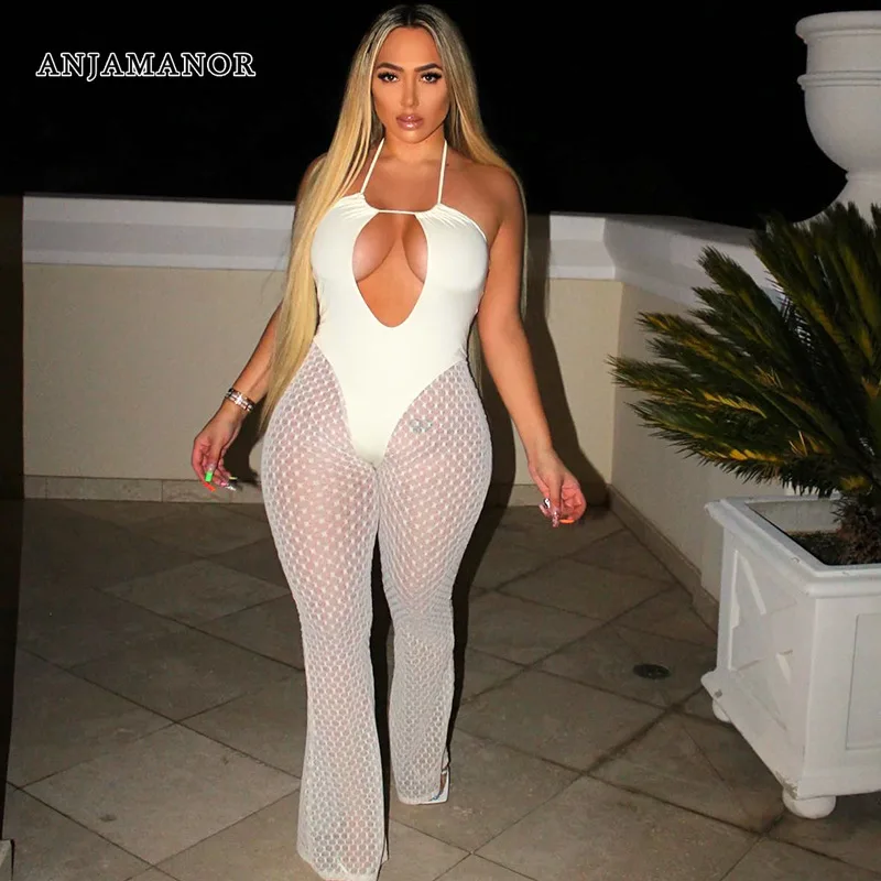 

ANJAMANOR Hollow Out Halter Backless Jumpsuit See Through Wide Leg Flare Pants Sexy Club Outfits for Women Fashion 2022 D85-CD21