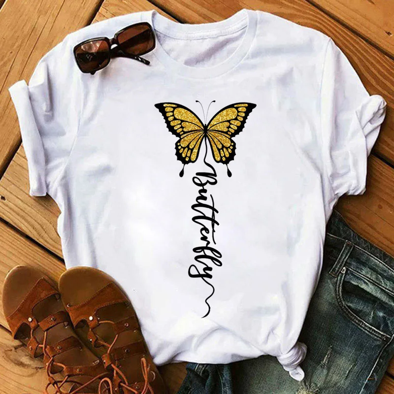 

Women T Shirt Gold Butterfly Printed Tops Female Casual Short Sleeve Tee Shirts Women Summer Cute Graphic T-shirt Girls Clothing