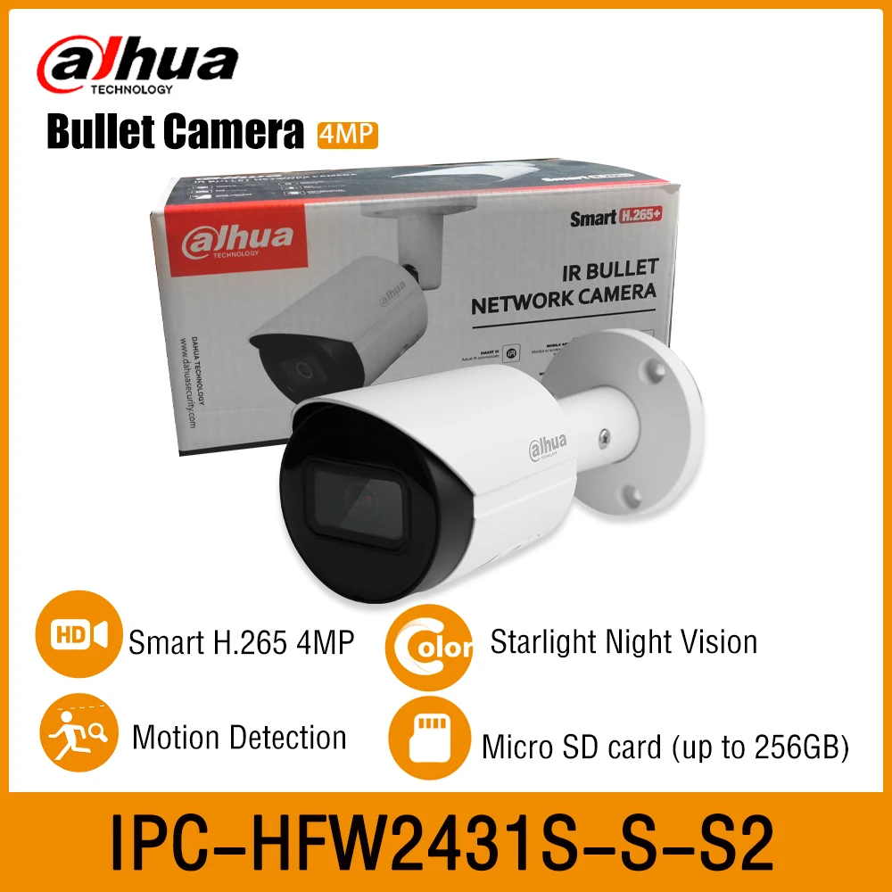 

Dahua IPC-HFW2431S-S-S2 4MP Lite IR Mini Bullet Starlight Network Camera WDR PoE IR 30m SD Card Onvif IP67 CCTV Surveillance