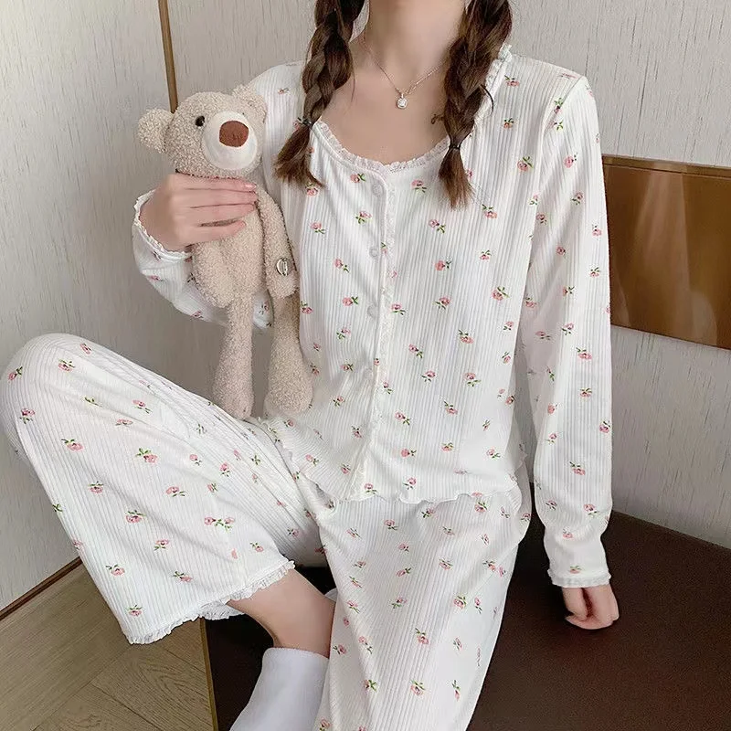 

100% Cotton Women's Pajamas Sets Spring Pyjamas Suits 2Pcs Long Sleeves Trousers Comfortable Breathable Lounge Wear Home Clothe
