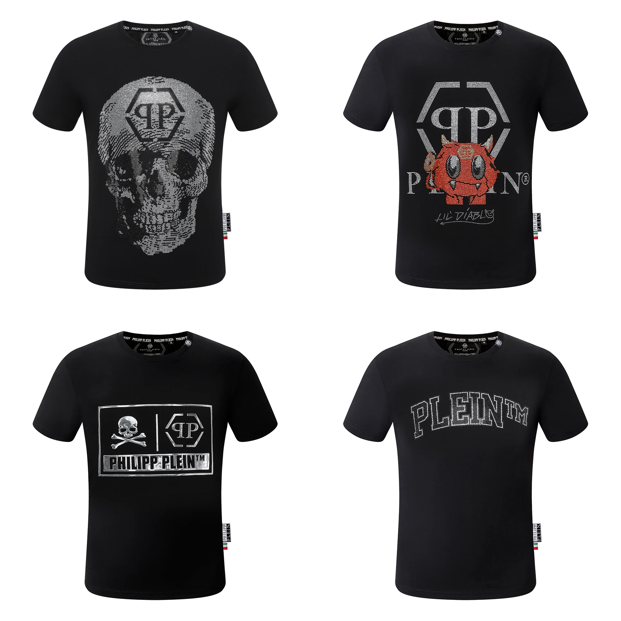 

New Fashion QP Printed Diamond Men Skull T-Shirt Pattern Crew Neck Pleins Hip Hop Street PHILIPPs Sportswear Rhinestone Tshirt