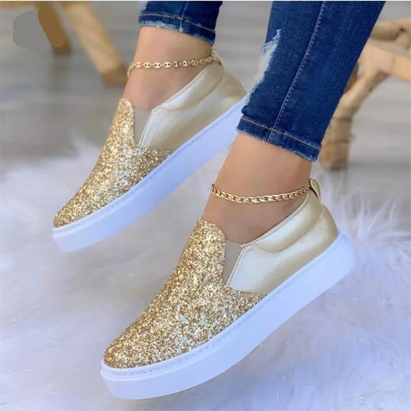 

Gold Women Flats Shoes Rhinestone Bling Shining Star Sewing Thick Sole Slip on Platform New Fashion Casual Sneakers Women Shoes