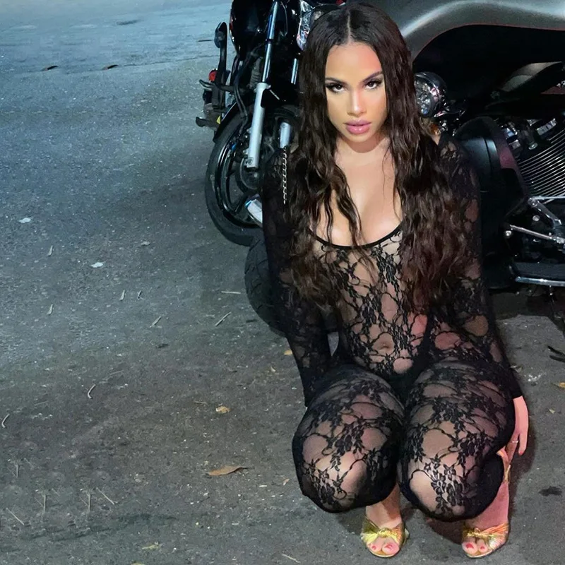 

Woman Long Sleeve Pencil Jumpsuit Solid Color Floral Backless See Through Sexy Bodysuit S-L 2Color