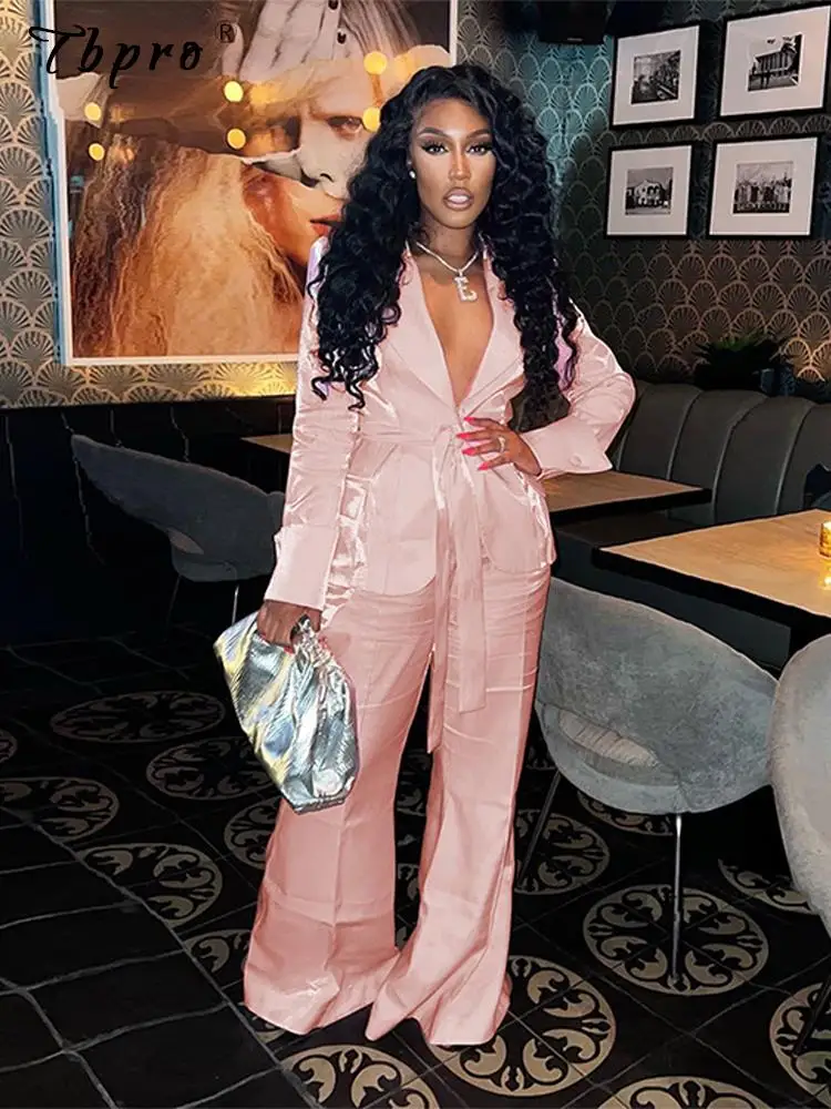 

Elegant Satin Blazer And Pants 2 Piece Set Women Lace Up Coat Straight Pants Outfits Female Casual Jacket Wide Leg Pants Suits