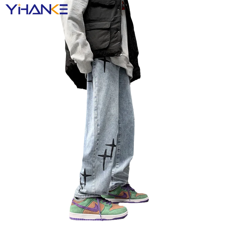 Embroidered Jeans Men's Y2k Straight Trousers Autumn New Korean Fashion High Street Hip-hop Style Loose Wide-leg Trousers Trend