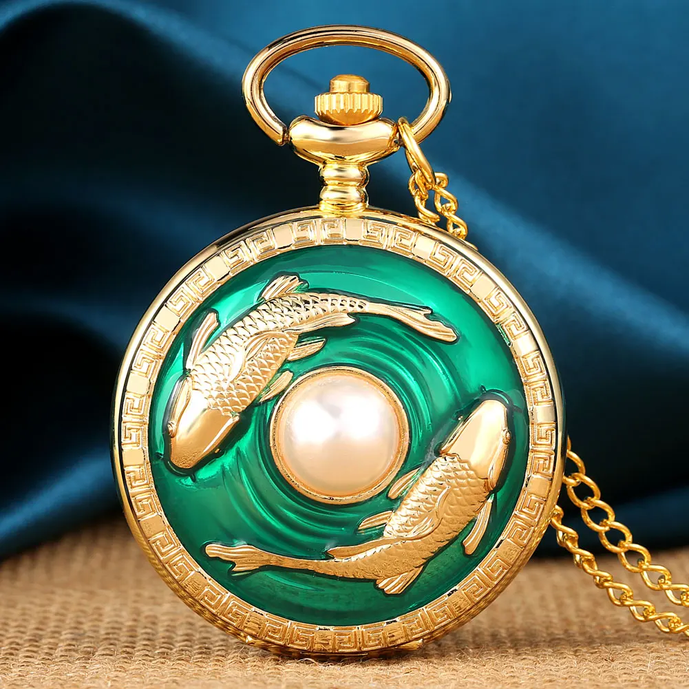 Часы наручные с двумя рыбками креативные кварцевые модные большие жемчужные