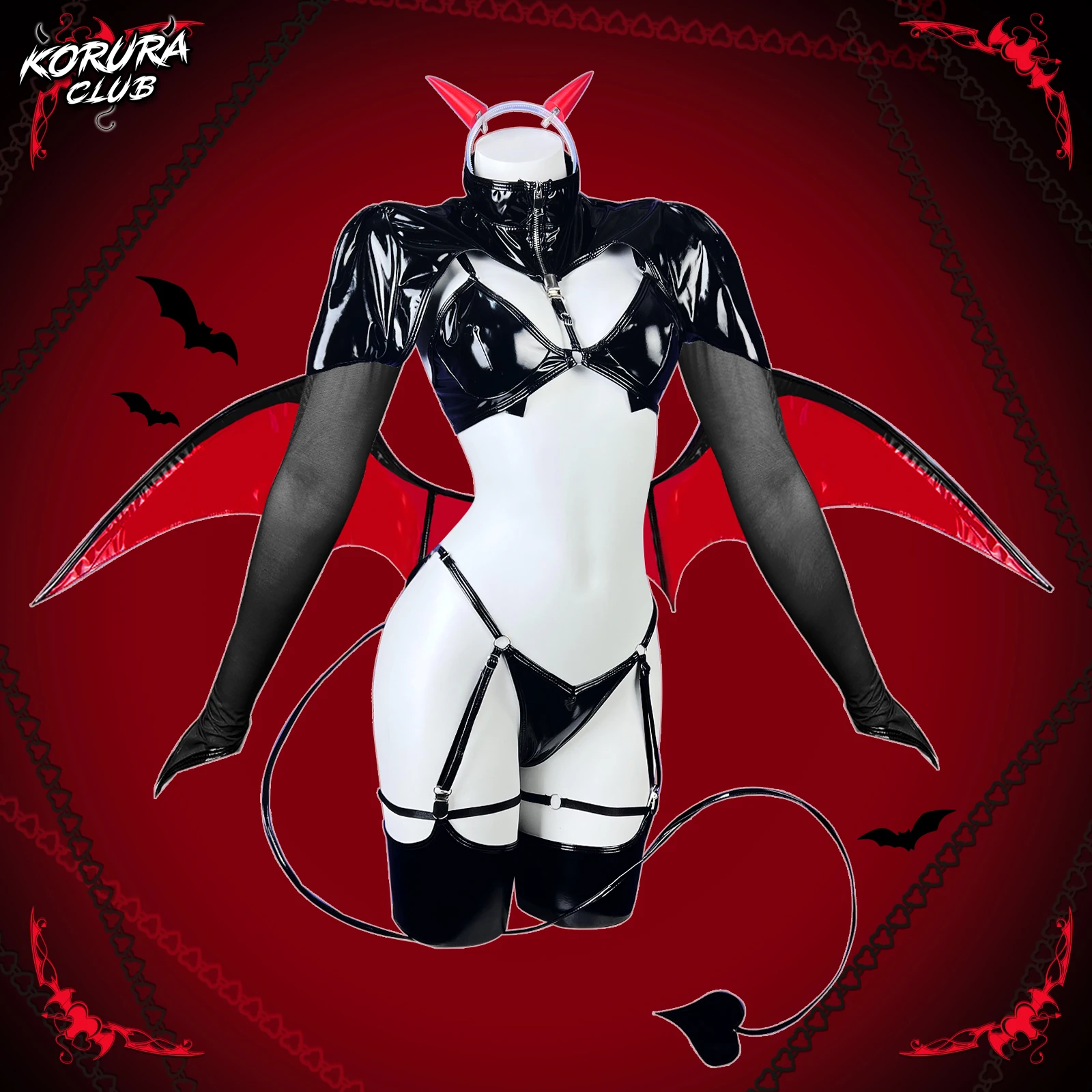 Фото Костюм для косплея KORURACLUB Love Heart Succubus, боди из искусственной кожи для женщин (комплект из 6 предметов) №2