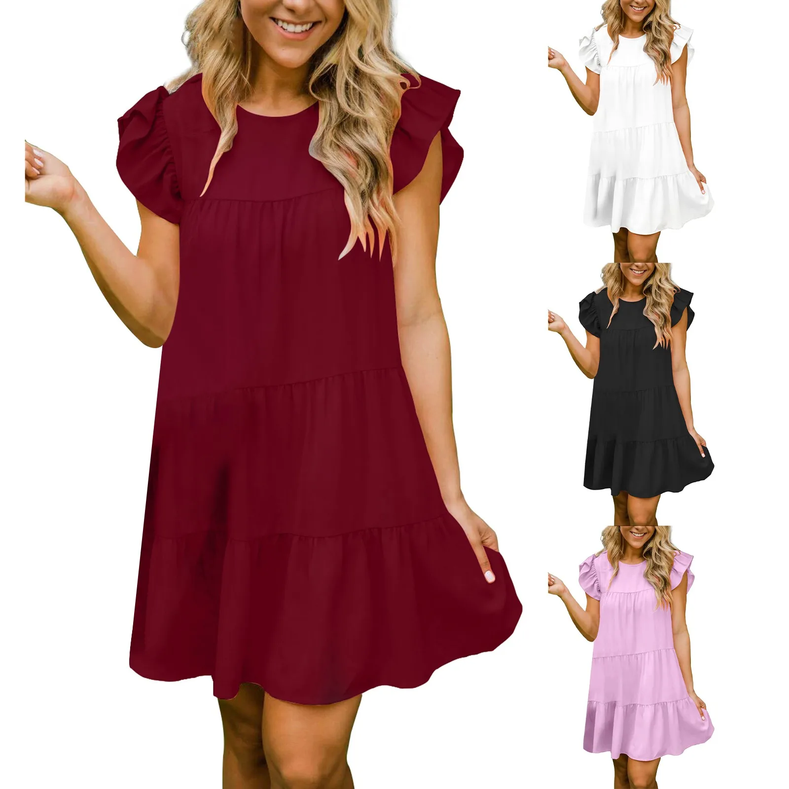 

Новое летнее однотонное Плиссированное универсальное крутое женское платье с рюшами на рукавах, коктейльные платья с длинным рукавом