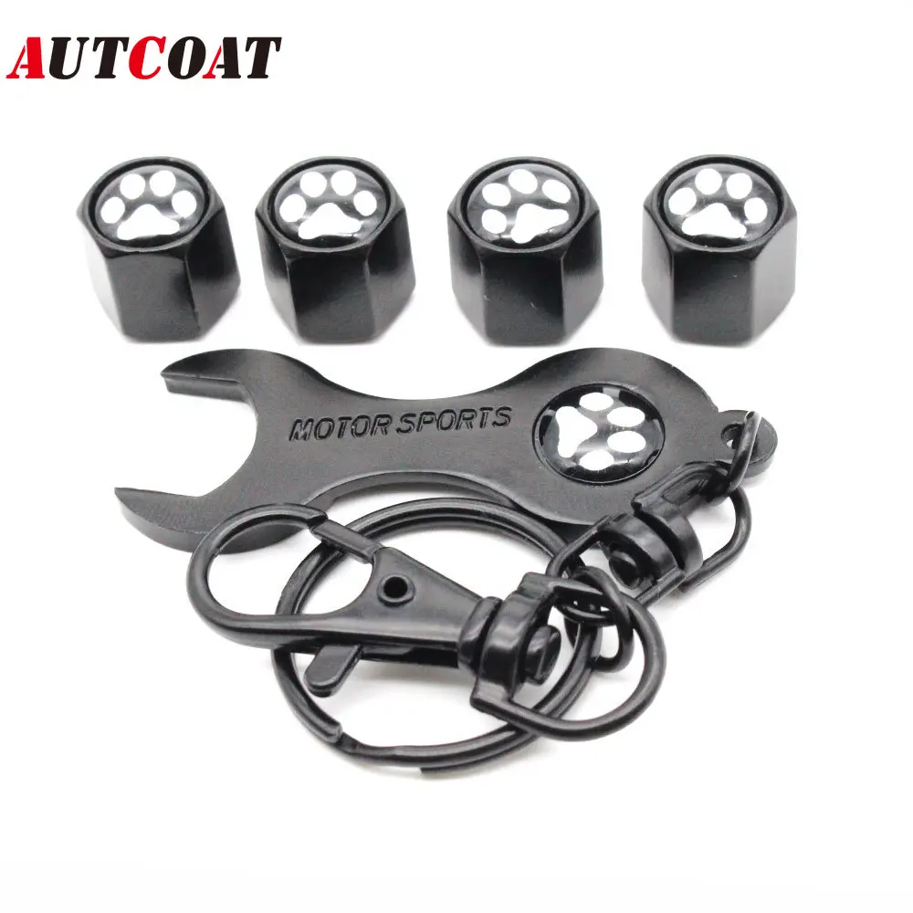 

1Set Footprint Style Anti-theft Emblem Auto Car Wheel Tire Air Valve Caps With Wrench Keychain Zinc Alloy Stem Dust Cover