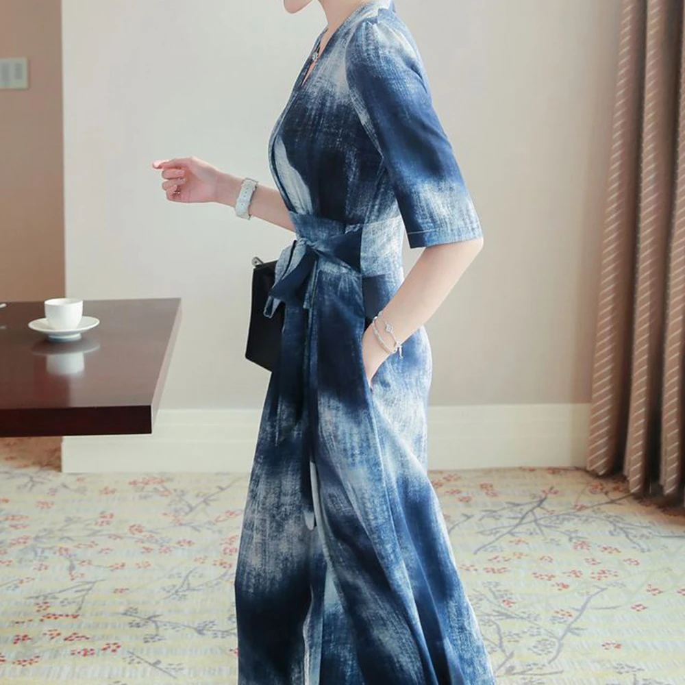 Summer New Women's Fashion And Elegant Temperament Jumpsuit Tie Dye High Waist Short Sleeved Loose Wide Leg Pants Jumpsuit