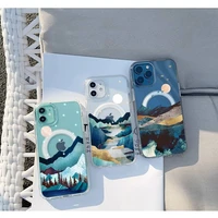 paint landscape phone case for iphone 13 12 11 mini pro max transparent super magnetic magsafe cover