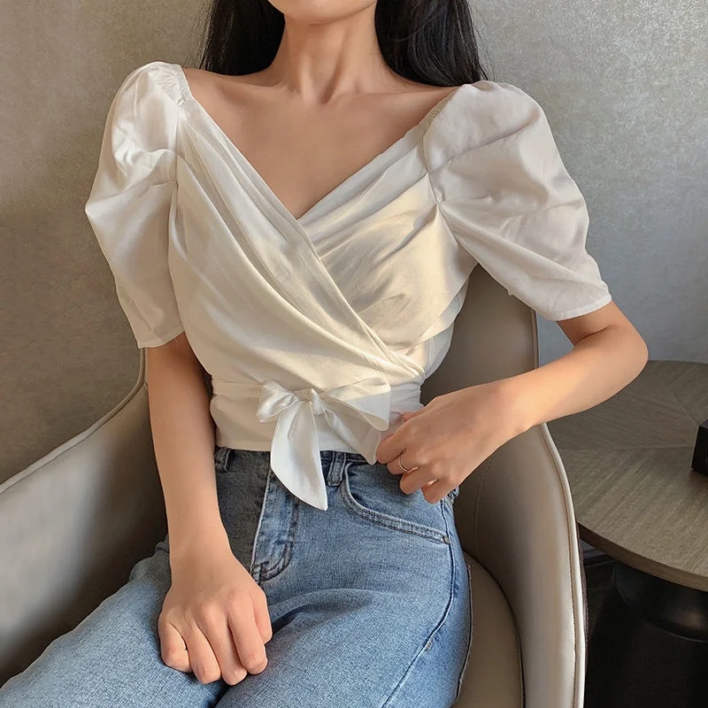 

Bubble-sleeve blouse the new summer 2021 cross shirt V-neck slim short blouse