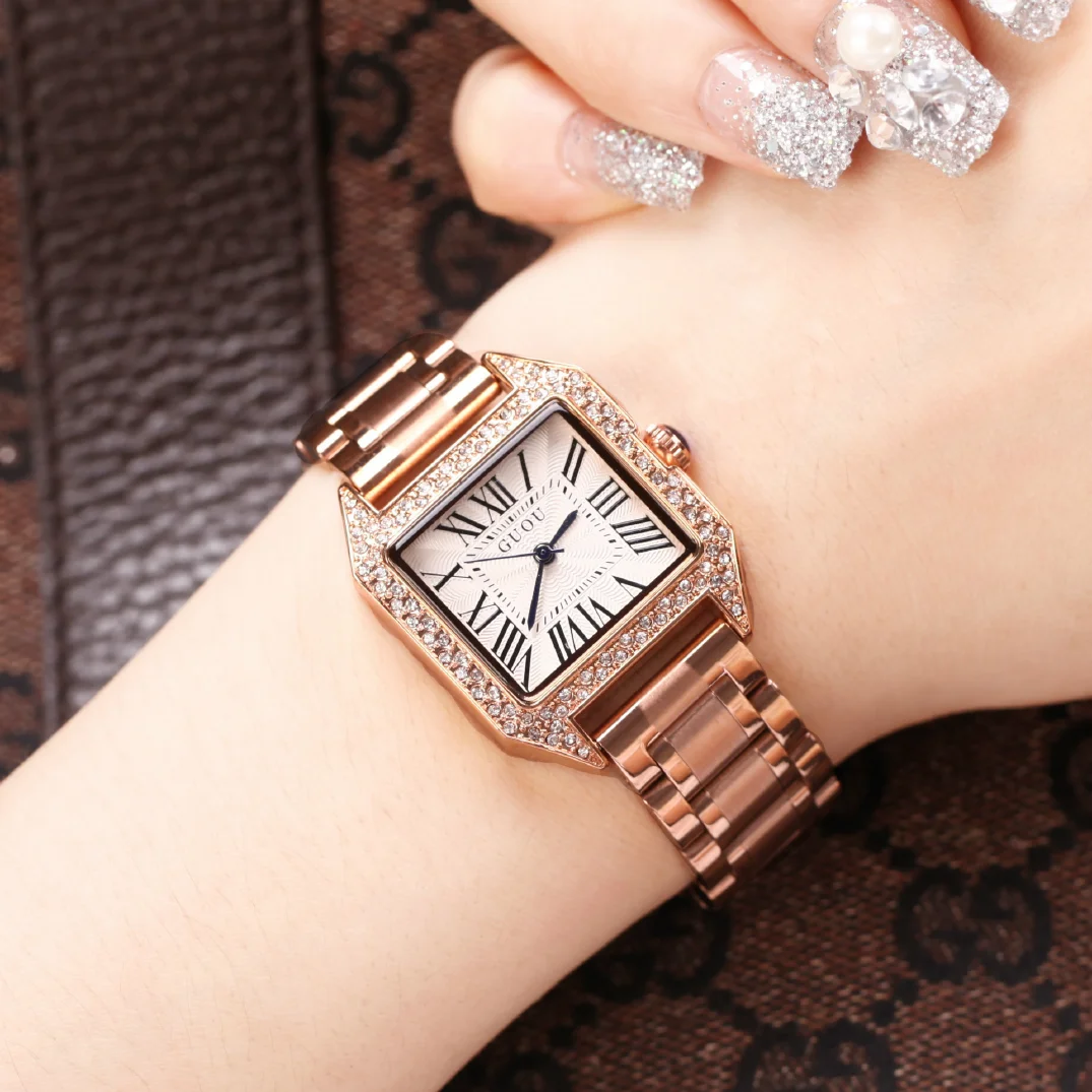 2018 Women's Square Luxury Rose Gold Alloy Quartz Watch Top GUOU Brand Waterproof Simple Watch for Woman Lady Gilrs Wristwatches