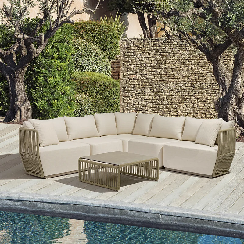 

Nordic courtyard sofa outdoor sun room terrace aluminum alloy braided rope water repellent rattan leisure sofa combination