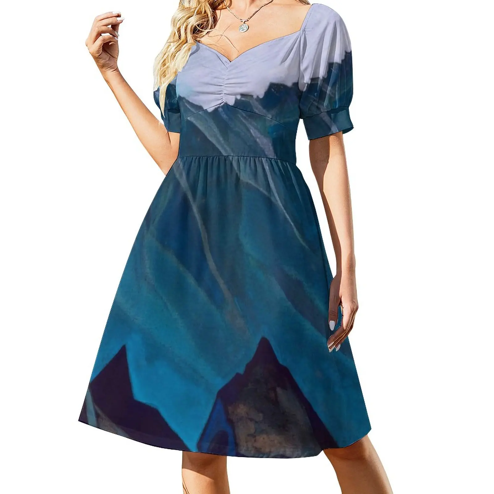 

Bell Mountain Dress Holy Mountains Print Cute Dresses Woman Short Sleeve Streetwear Casual Dress V Neck Big Size Clothes