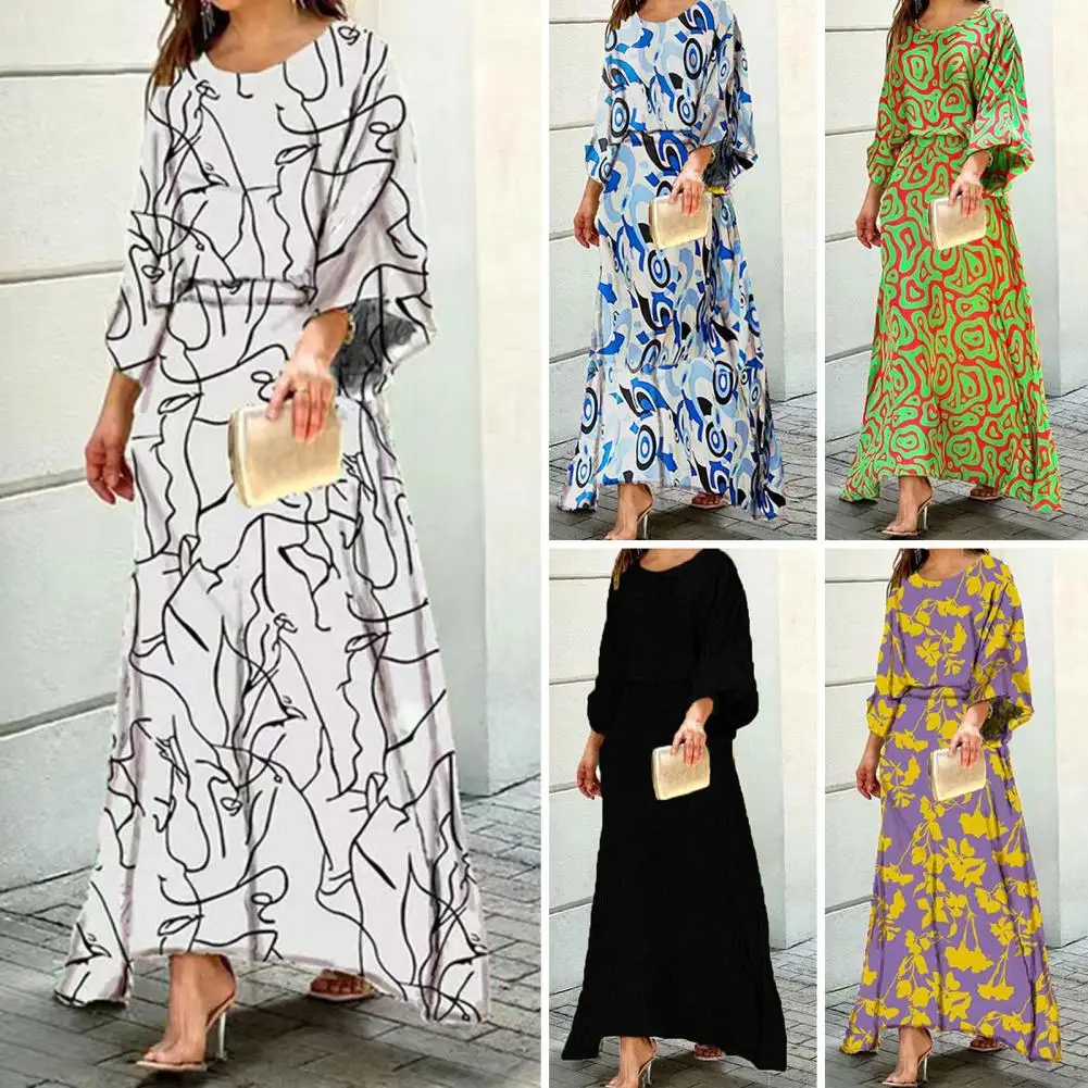 

2 Pcs/Set Women Top Skirt Set Contrast Color Print Three Quarter Sleeve Loose High Waist Ankle Length Lady Fall Spring Outfit