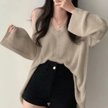 GIDYQ Oversize Off Shoulder Sweater Women V Neck Long Sleeve Thin Knitwear Korean Retro Loose All Match Casual Pullovers New