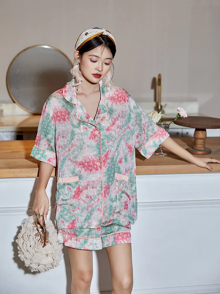 

Fashion Female Print Pajamas Sets 2PCS Short Sleeve Pyjamas Suit Loungewear Sleepwear Sexy Turn-Down Collar M-XL Home Nightwear