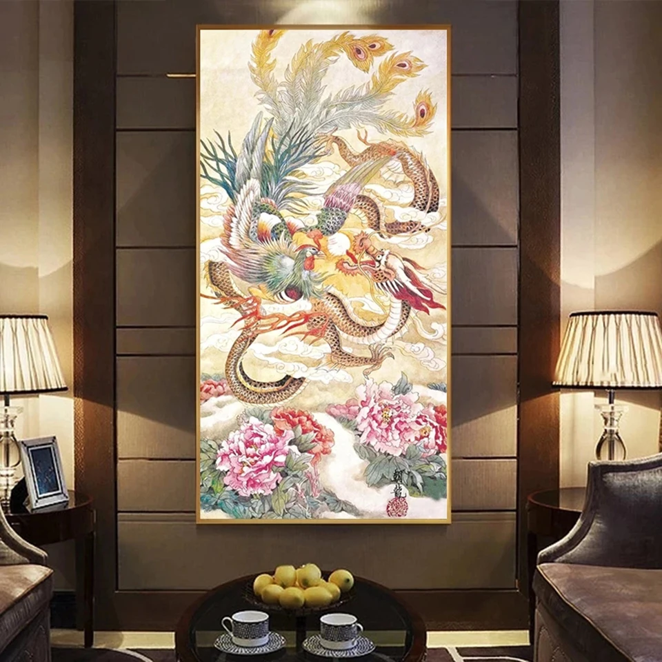

Dragon and Phoenix Pink Peony Diamond Mosaic Chinese Traditional Retro 5D Diamond Painting Art Cross Stitch Kits Home Wall Decor