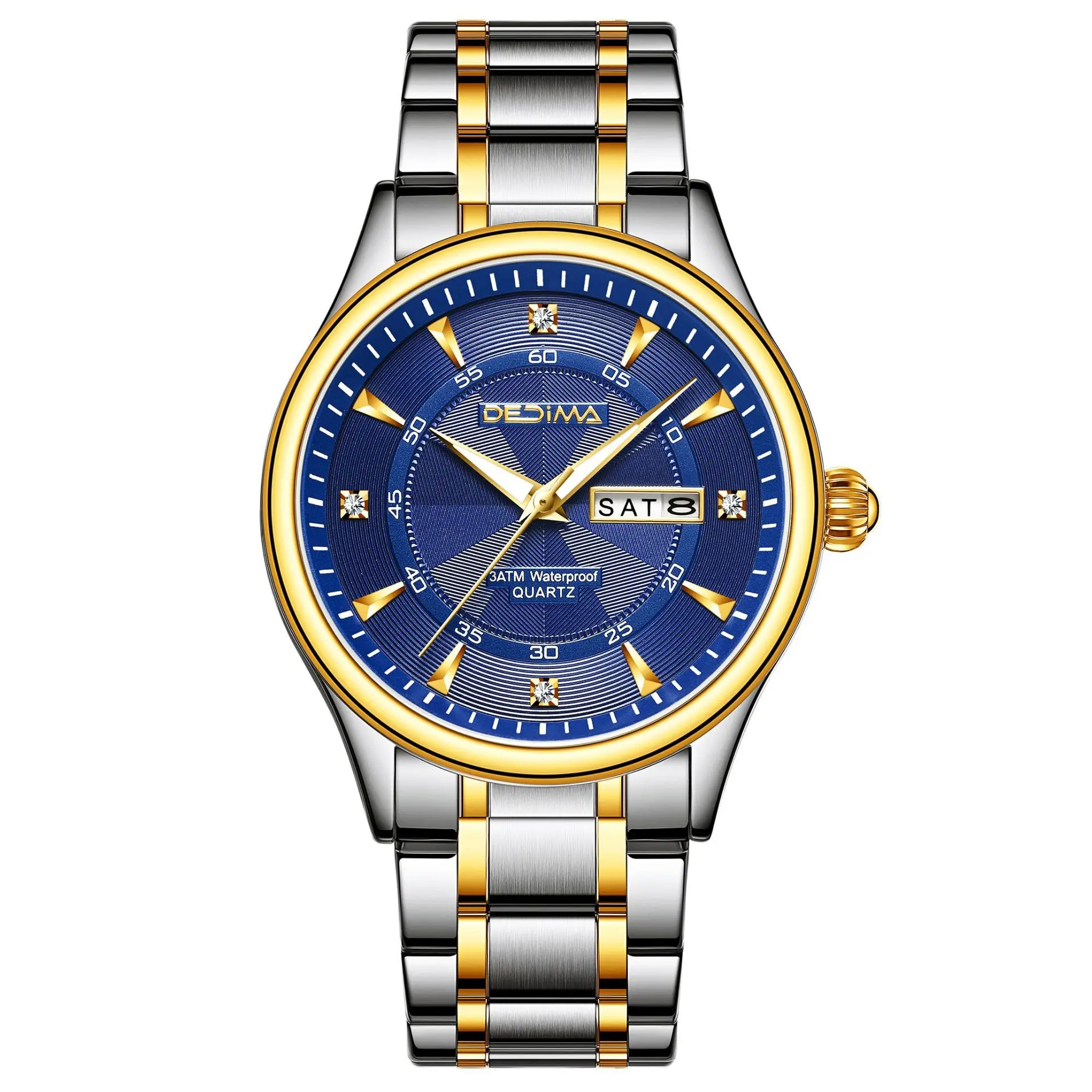 

Часы наручные мужские с синим циферблатом, водонепроницаемые деловые, с браслетом из нержавеющей стали, с днями недели, с кристаллами