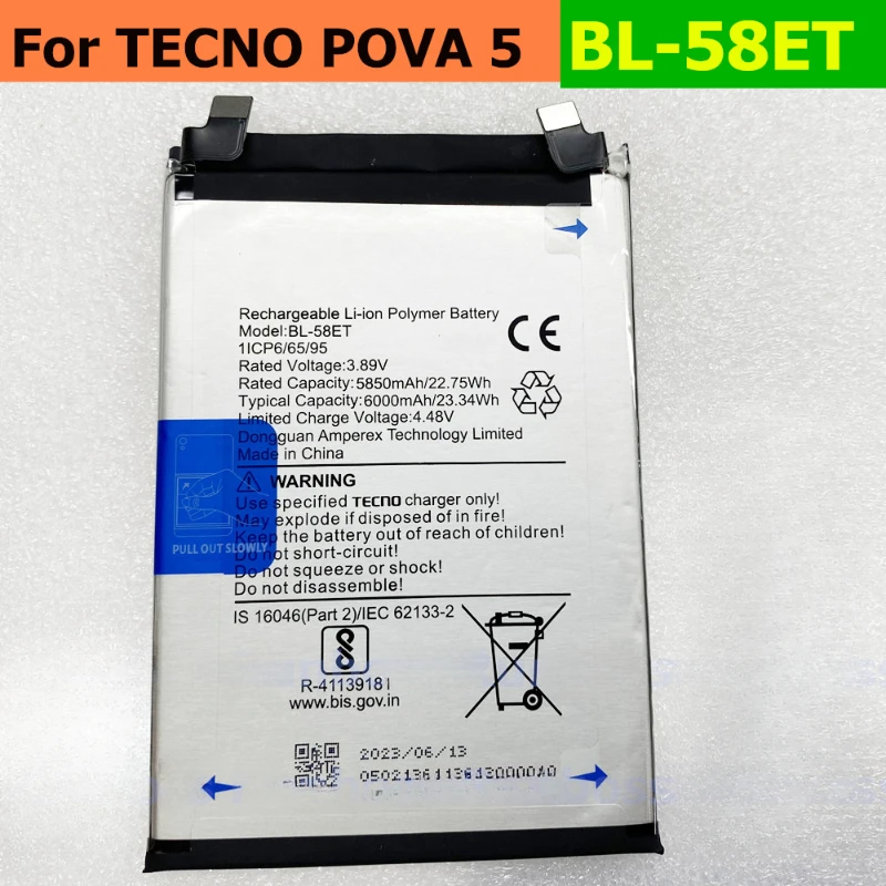 Аккумулятор BL-58ET емкостью 6000 мАч для Tecno Pova 5 LH7n аккумулятор смартфона