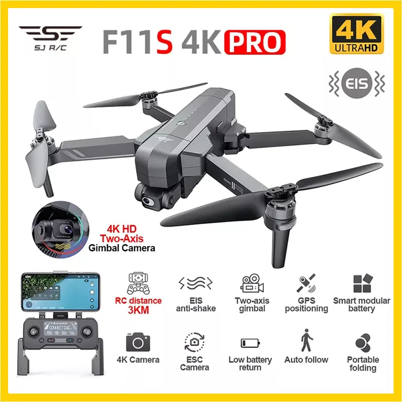 

SJRC F11S 4K Pro Drone With Camera 3KM WIFI GPS EIS 2-axis Anti-Shake Gimbal FPV Brushless Quadcopter Professional F11 RC Dron