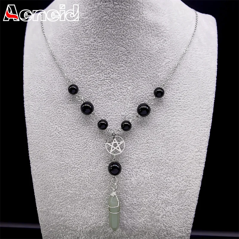 

Bohemian Pentagram Crystal Rosary Black Beaded Necklaces for Women Stainless Steel Natural Stone Wicca Necklace Jewelry Gifts