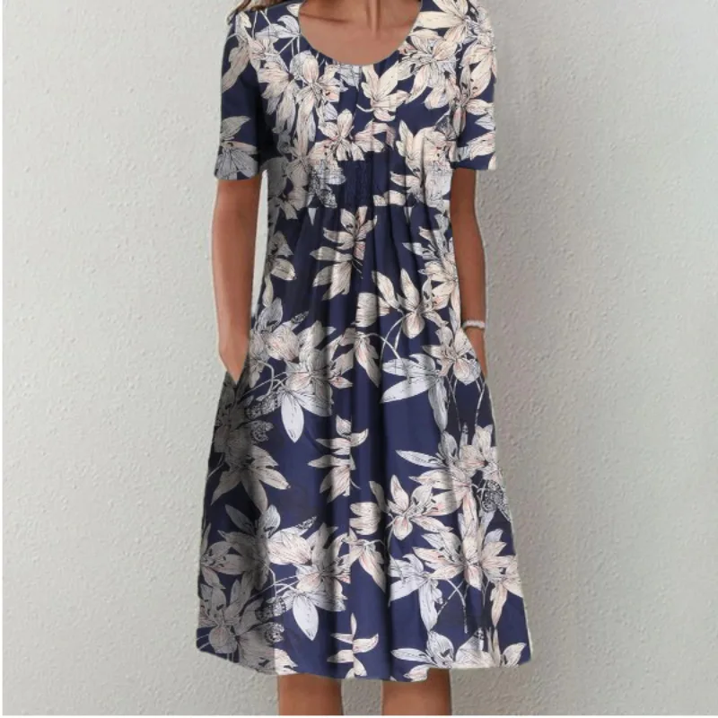 

Vestidos Boho Floral Printed Dresses Women Casual Loose O-neck Pleated Dress Summer Oversized Ladies Short Sleeve Pocket Dress