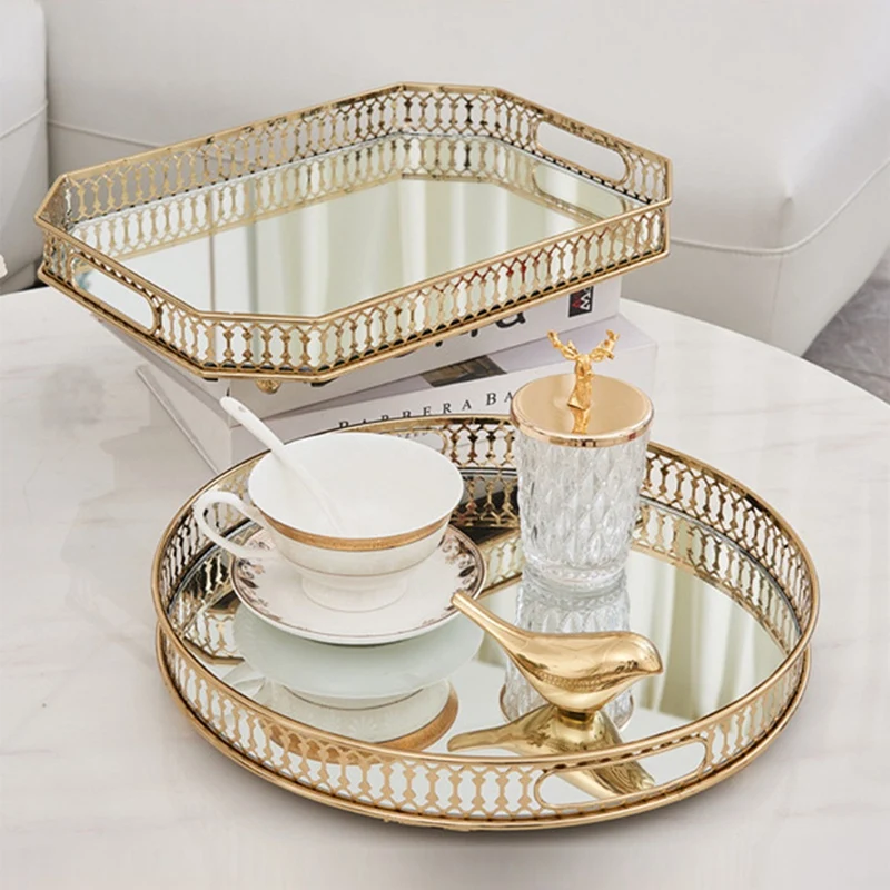 

Gold Mirror Glass Metal Tray Makeup Organizer Dessert Serving Plate Ornate Perfumes Tray Decorative Tray For Home