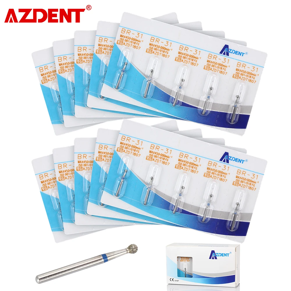 AZDENT 50pcs=10 Packs Dental Diamond Burs Medium FG 1.6mm for High Speed Handpiece Turbine Dentist Tools Dental Lab Burs