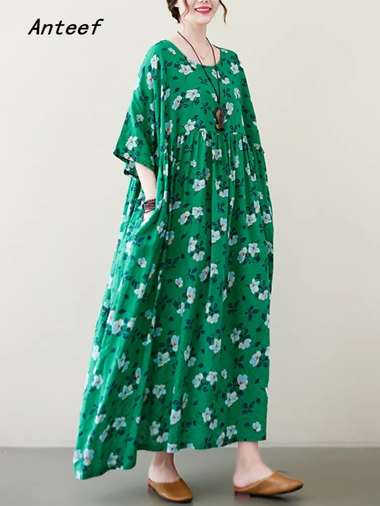 

short sleeve oversized cotton vintage floral new in dresses for women casual loose long summer dress elegant clothing 2023